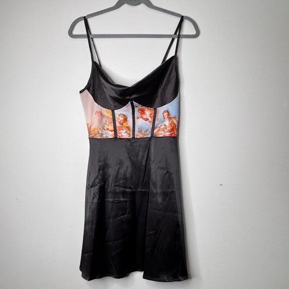 Mini Dress Black Angel Print Bodycon Slip Dress L Renaissance Painting Artist - Picture 1 of 9